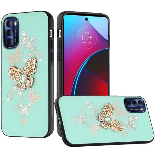 Motorola Moto G Stylus 2022 SPLENDID Diamond Glitter Ornaments Engraving Case Cover - Garden Butterflies Teal